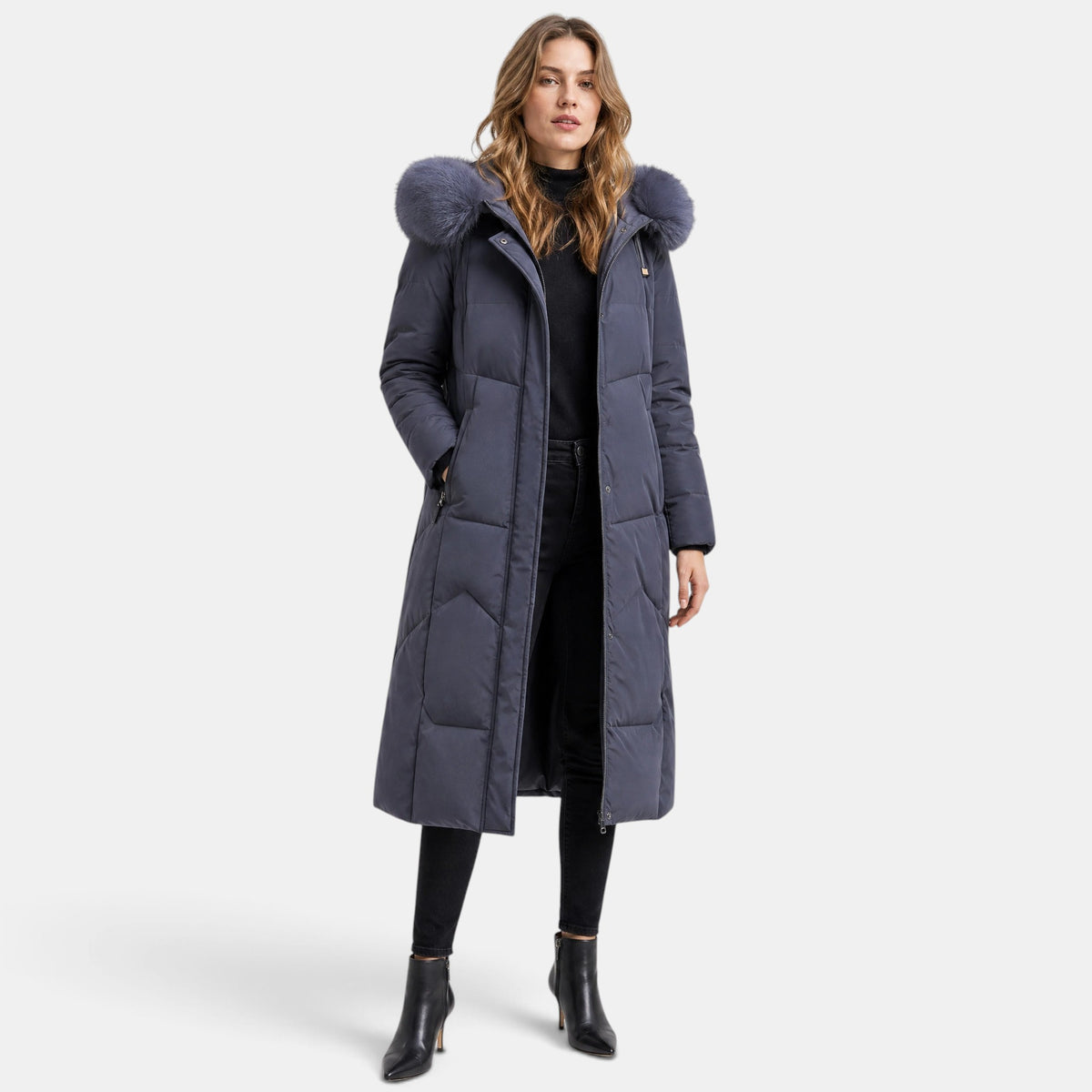 Women's Longline Puffer Coat with Hood and Zip Front