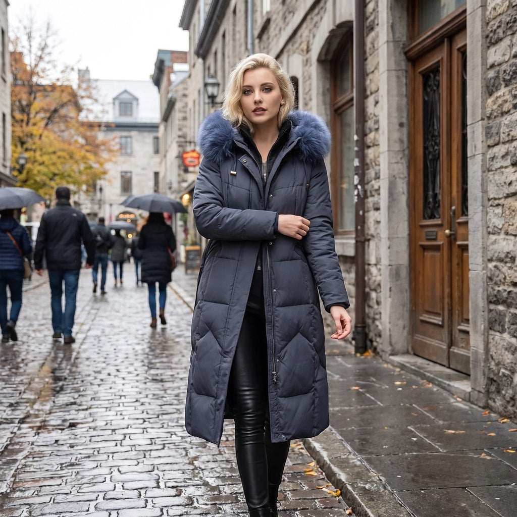 Women's Longline Puffer Coat with Hood and Zip Front