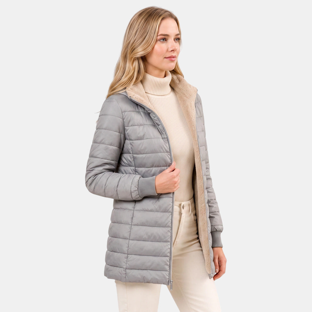 Women's Longline Puffer Jacket with Hood and Zip Front