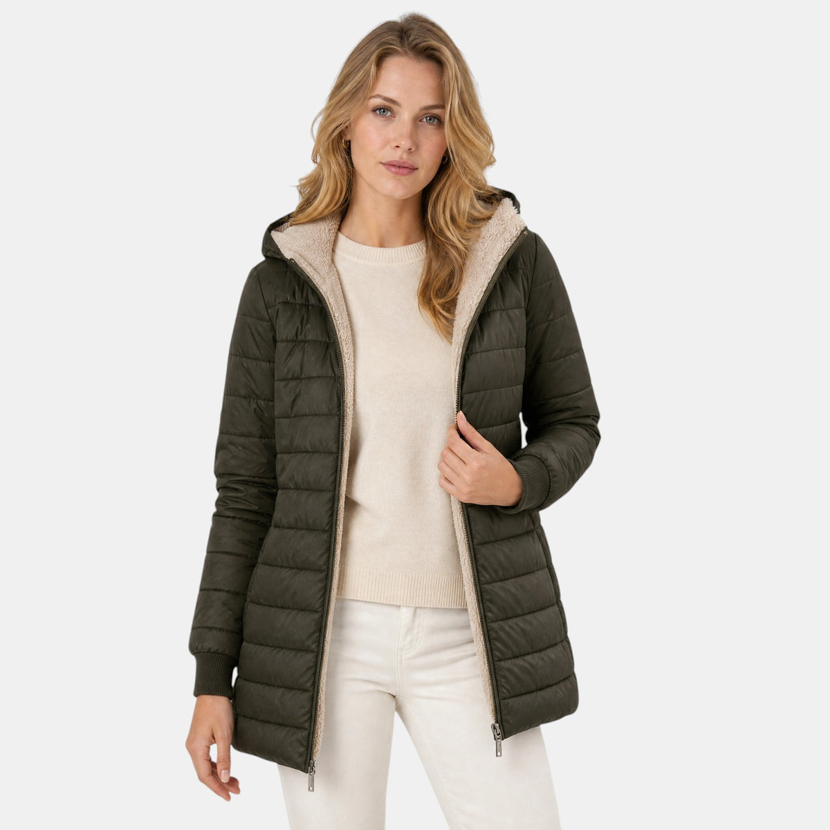 Women's Longline Puffer Jacket with Hood and Zip Front