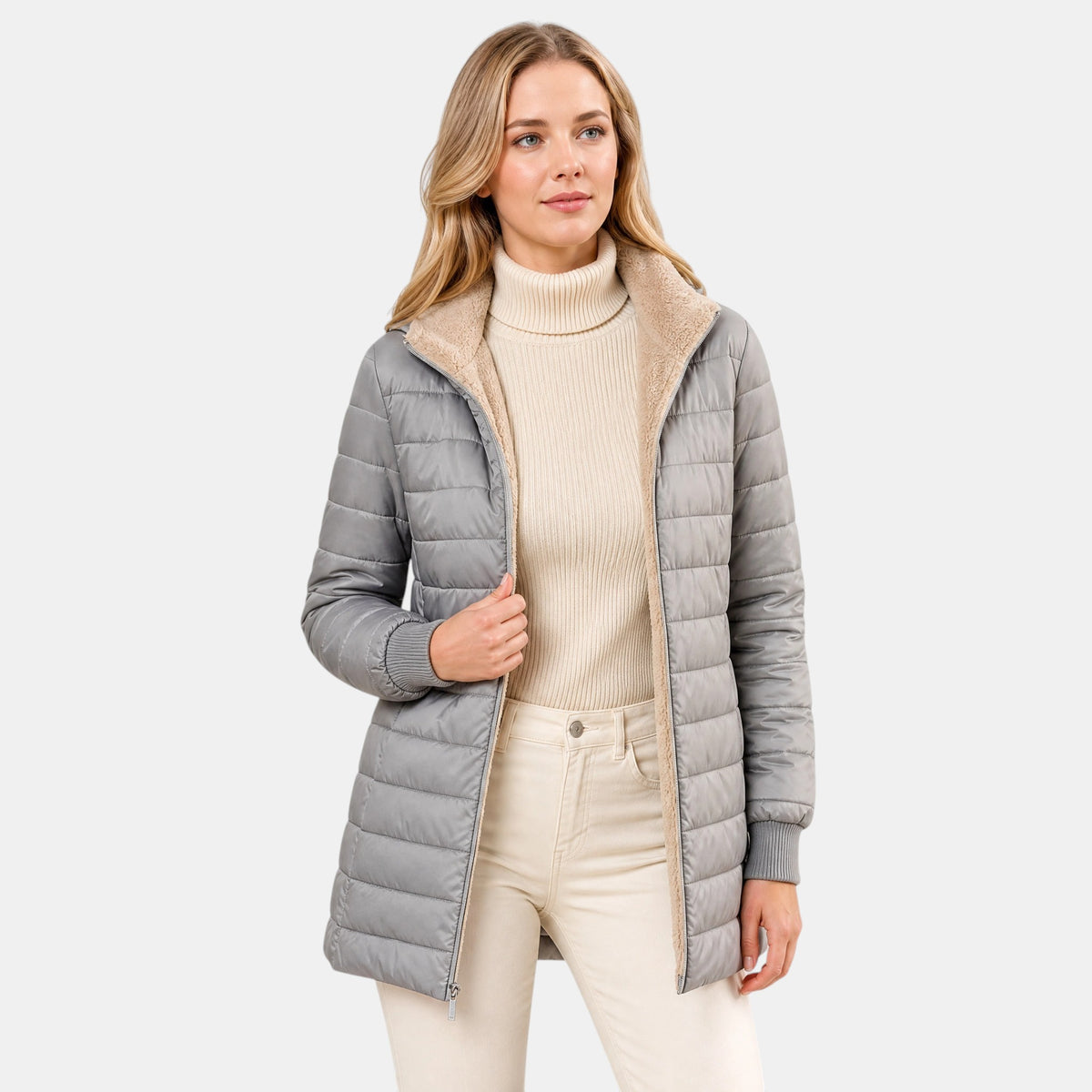 Women's Longline Puffer Jacket with Hood and Zip Front