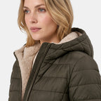 Women's Longline Puffer Jacket with Hood and Zip Front