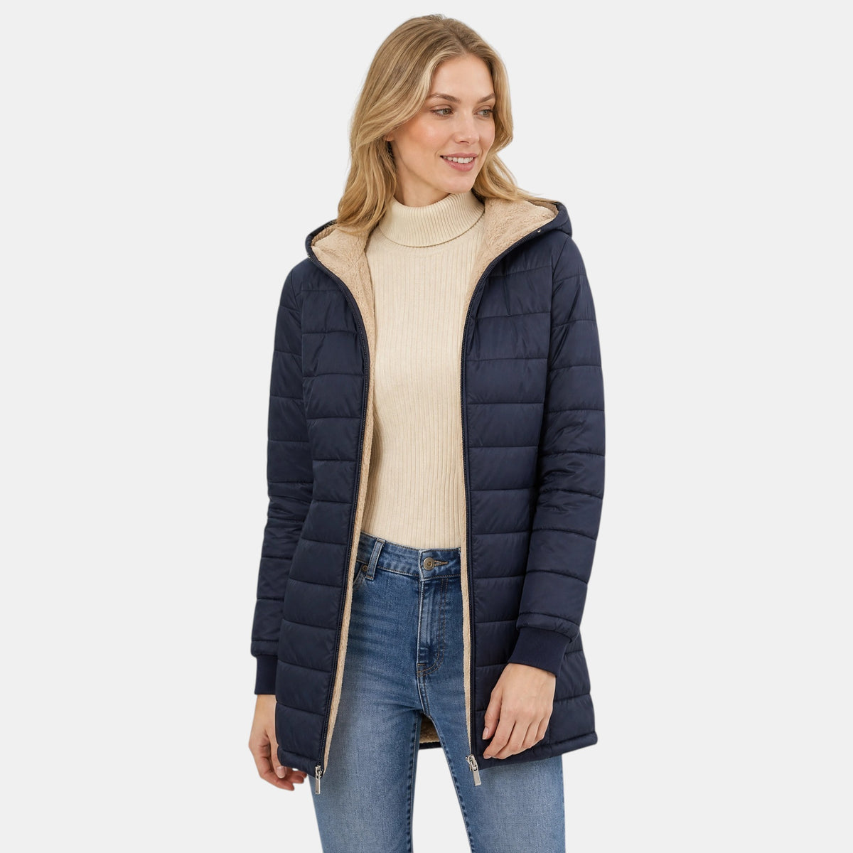 Women's Longline Puffer Jacket with Hood and Zip Front