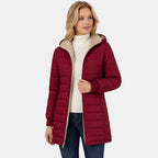 Women's Longline Puffer Jacket with Hood and Zip Front