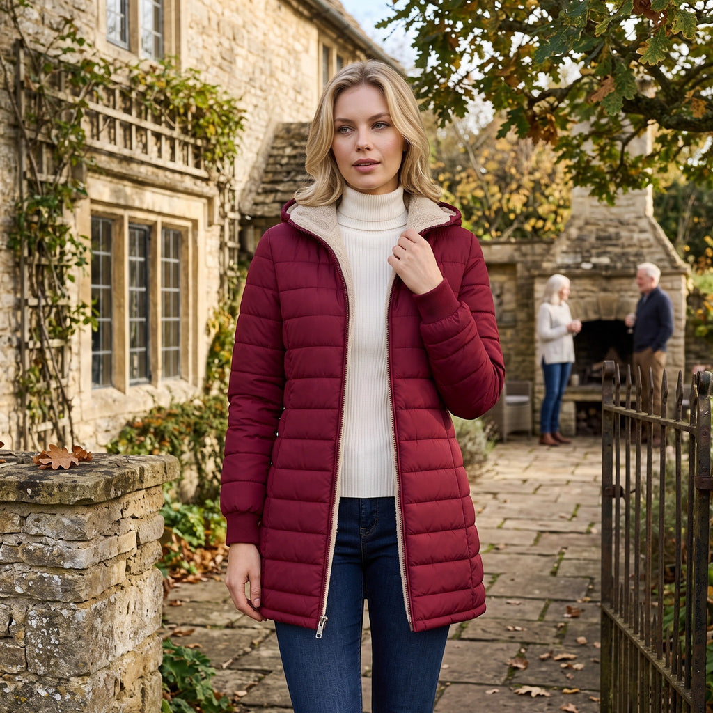 Women's Longline Puffer Jacket with Hood and Zip Front