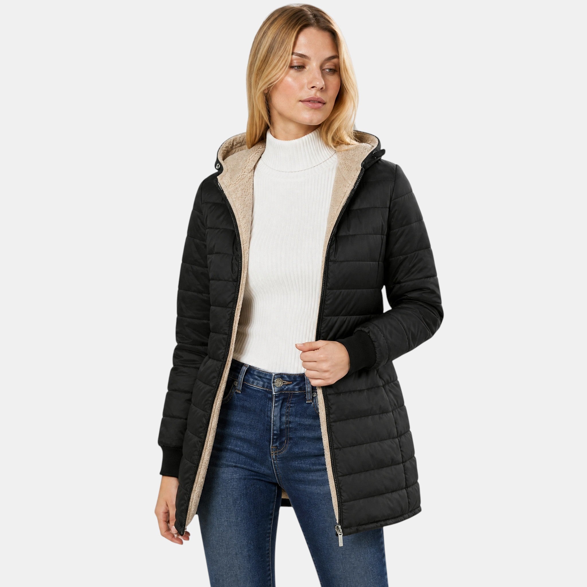 Women's Longline Puffer Jacket with Hood and Zip Front