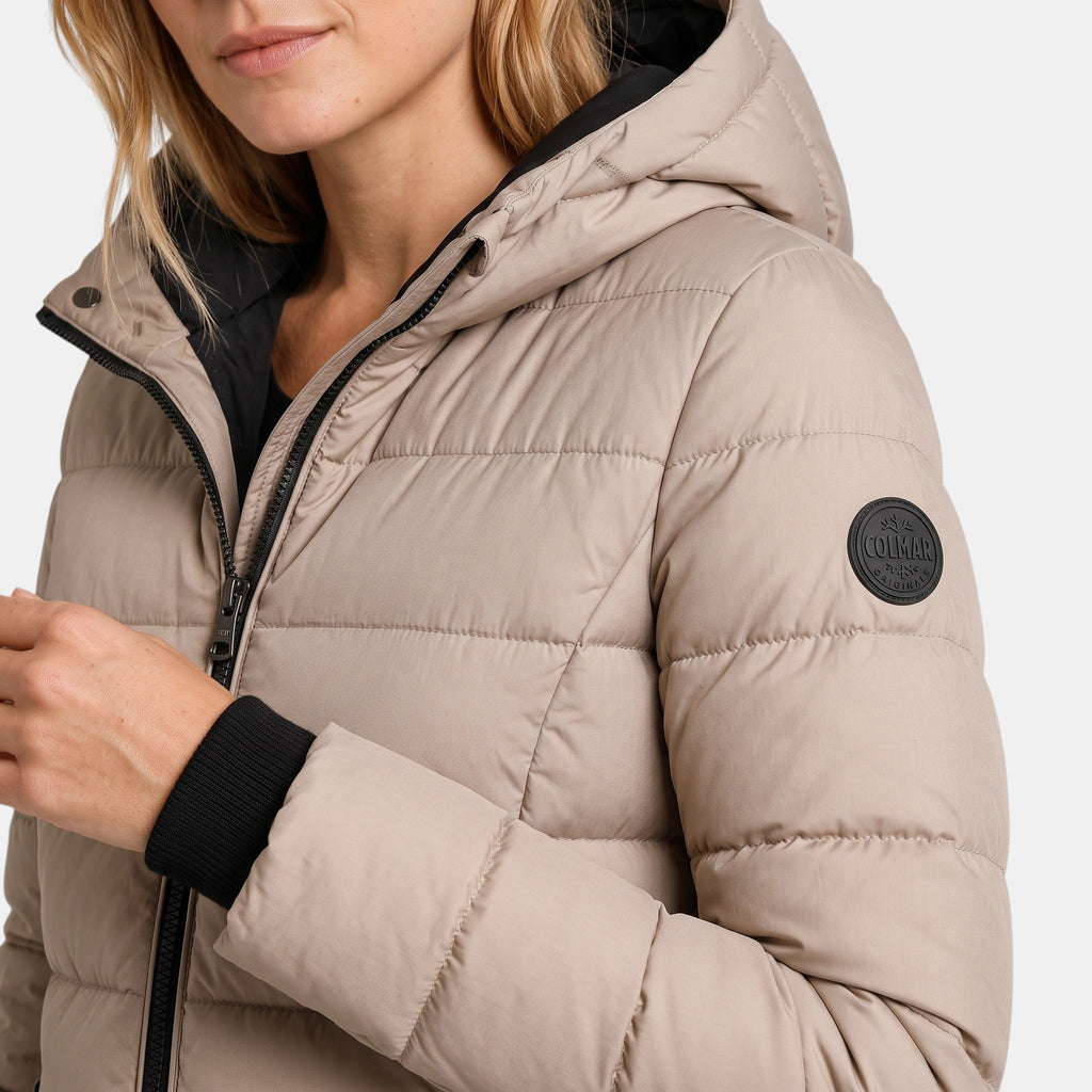 Women's Longline Puffer Jacket with Hood and Zip Front