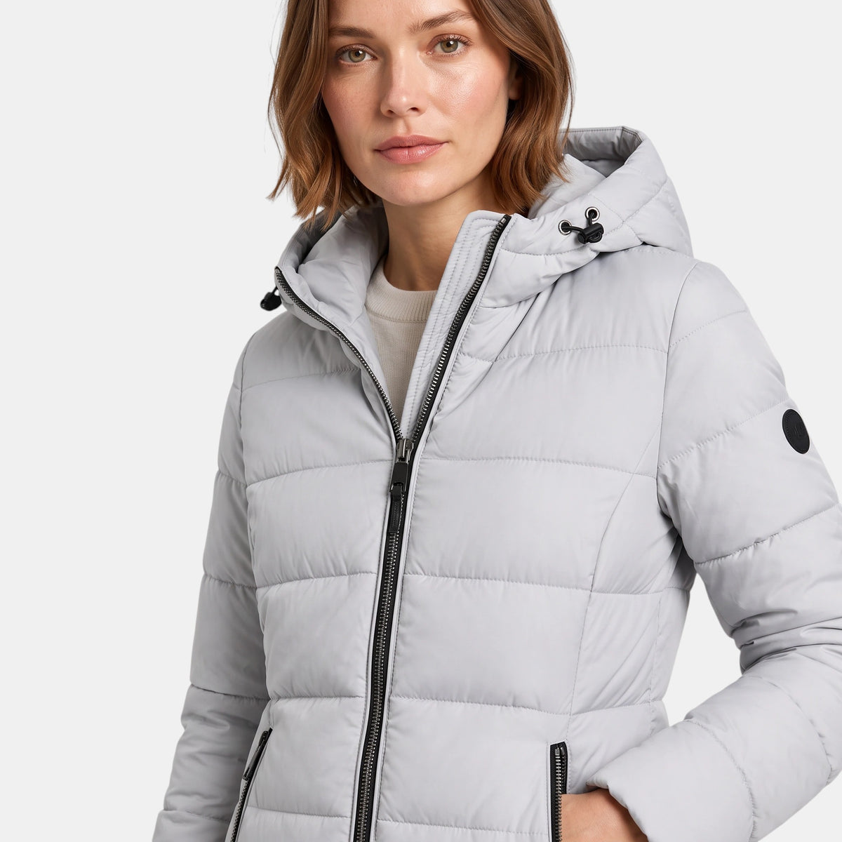 Women's Longline Puffer Jacket with Hood and Zip Front