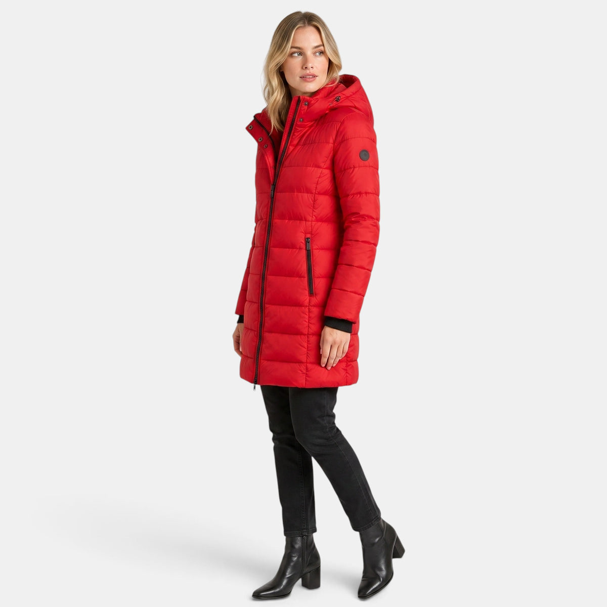 Women's Longline Puffer Jacket with Hood and Zip Front