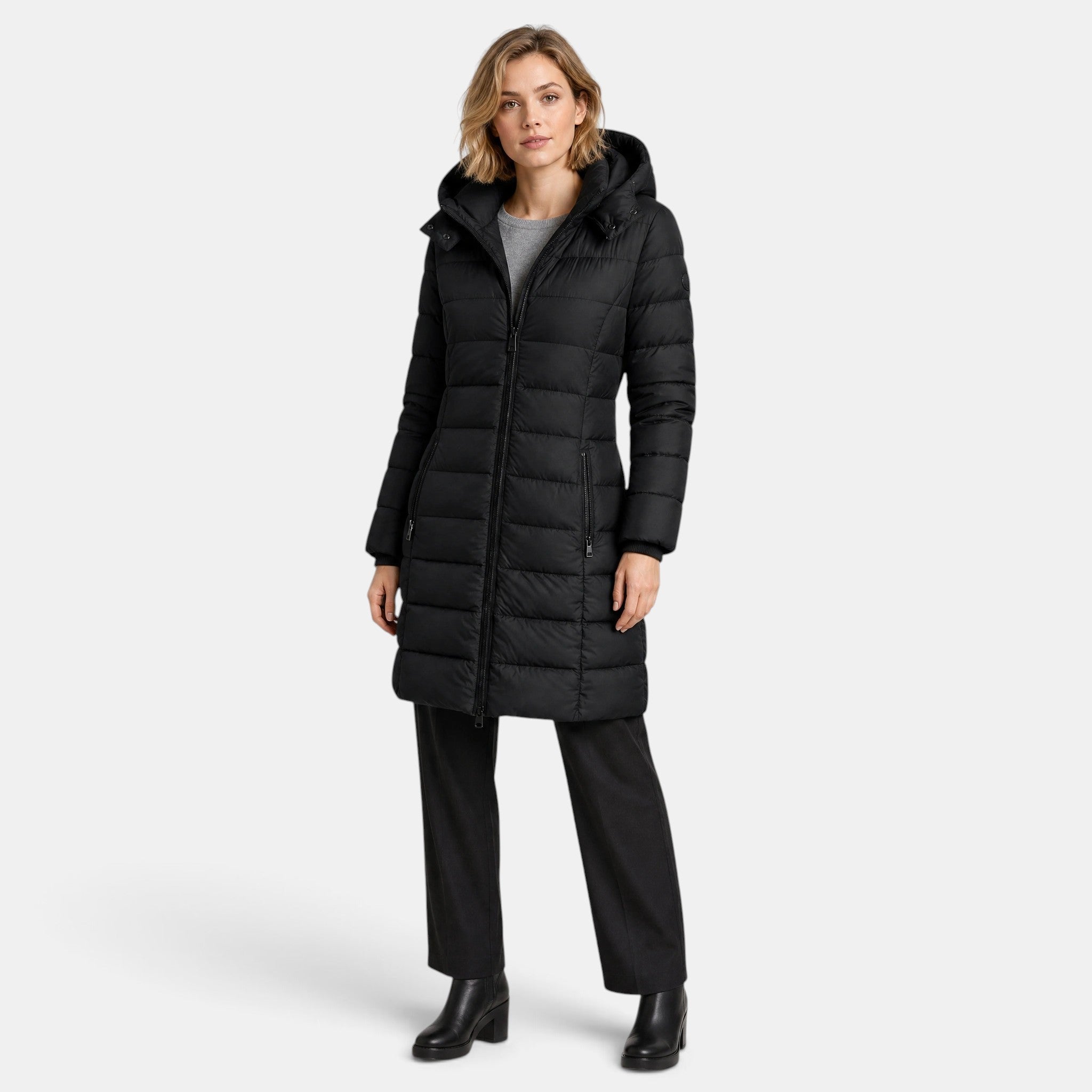 Women's Longline Puffer Jacket with Hood and Zip Front