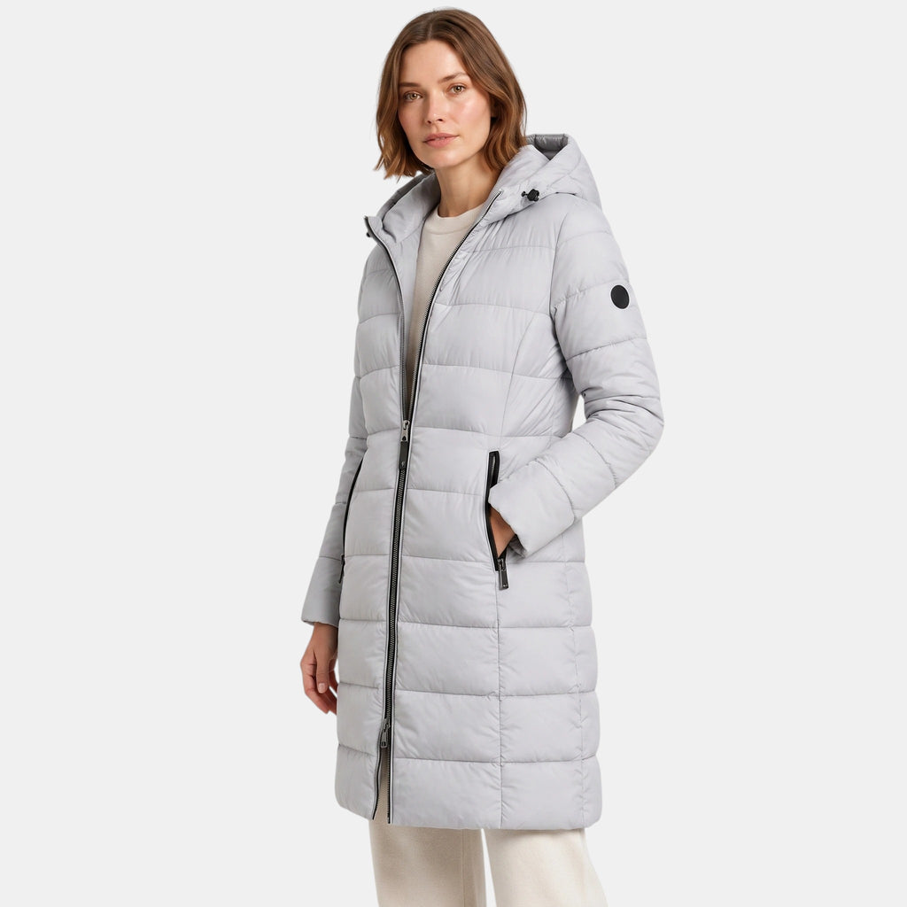 Women's Longline Puffer Jacket with Hood and Zip Front