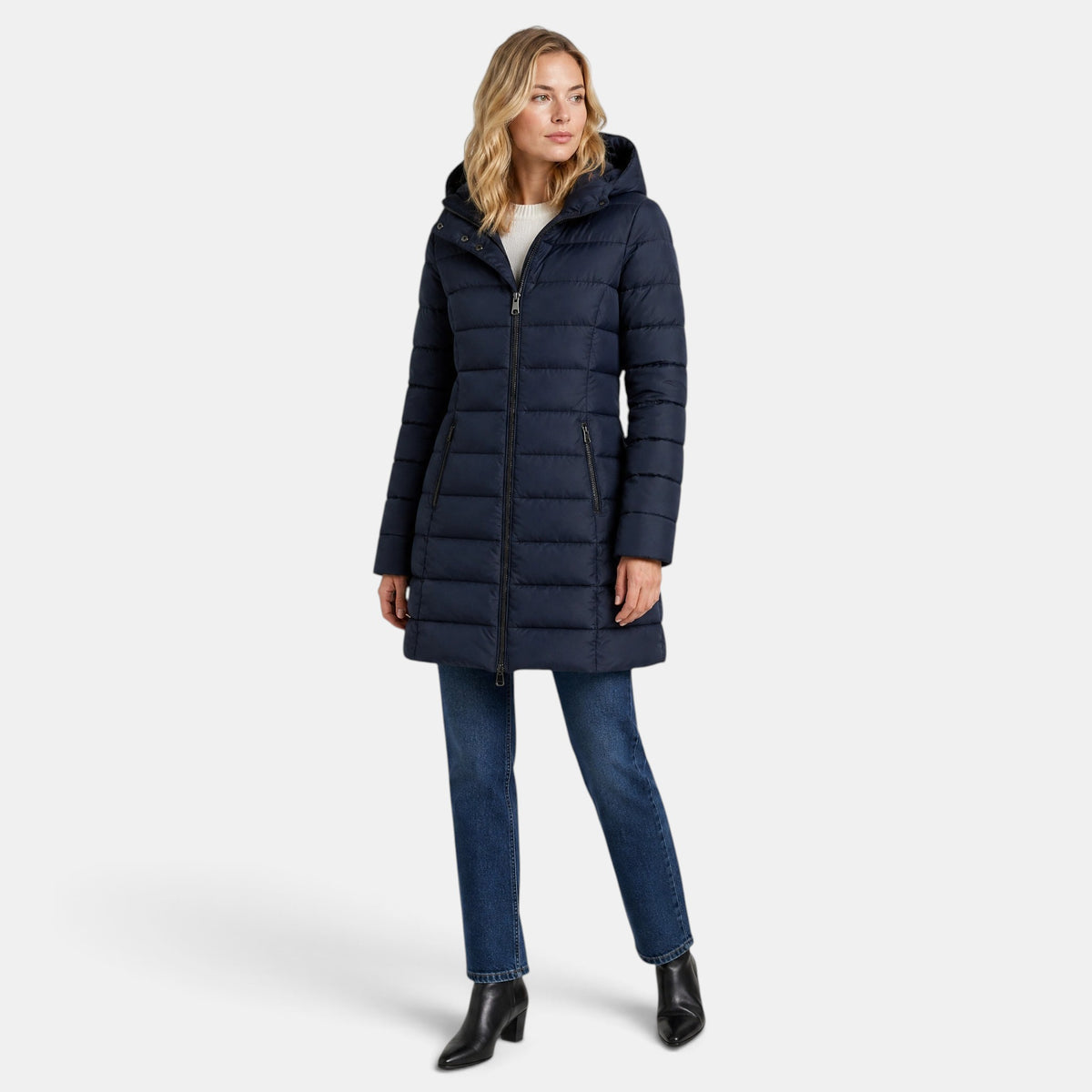 Women's Longline Puffer Jacket with Hood and Zip Front