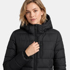 Women's Longline Puffer Jacket with Hood and Zip Front