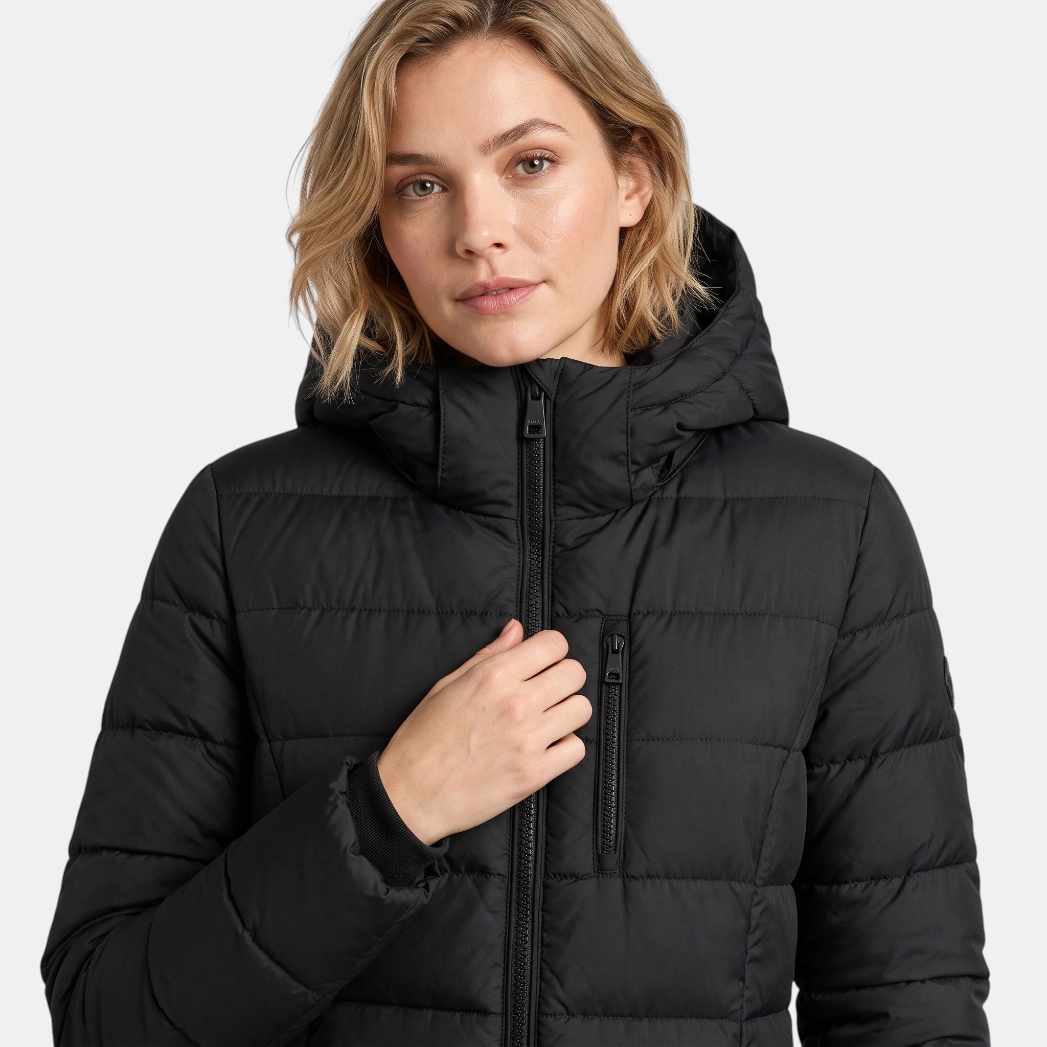 Women's Longline Puffer Jacket with Hood and Zip Front