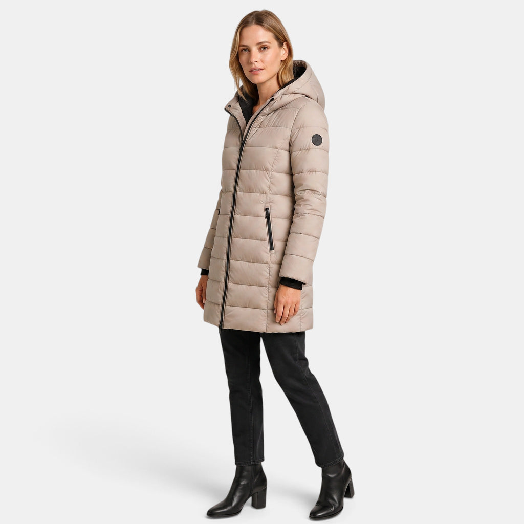 Women's Longline Puffer Jacket with Hood and Zip Front