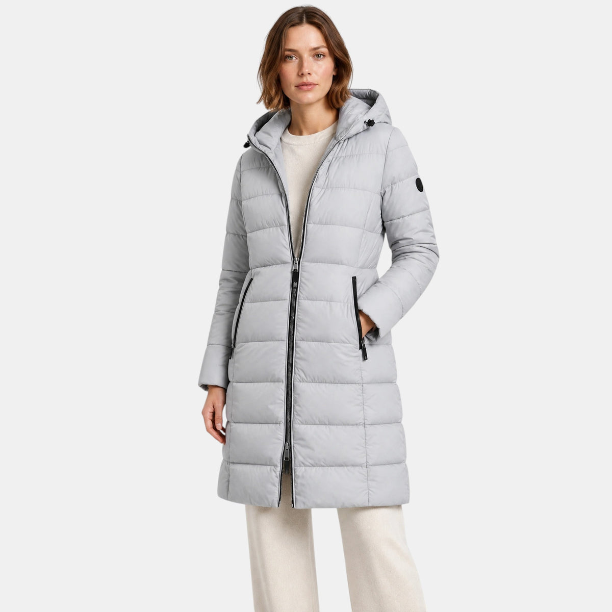 Women's Longline Puffer Jacket with Hood and Zip Front