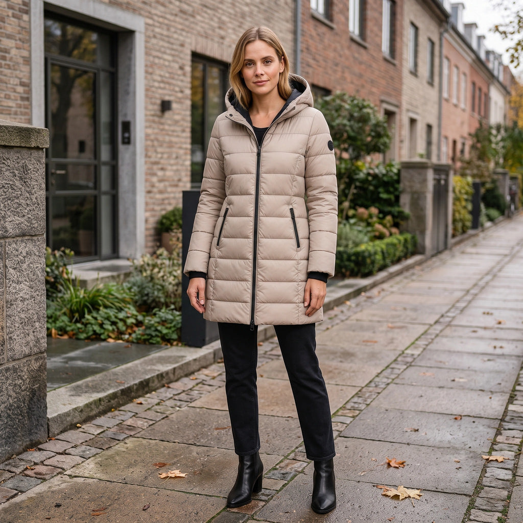 Women's Longline Puffer Jacket with Hood and Zip Front