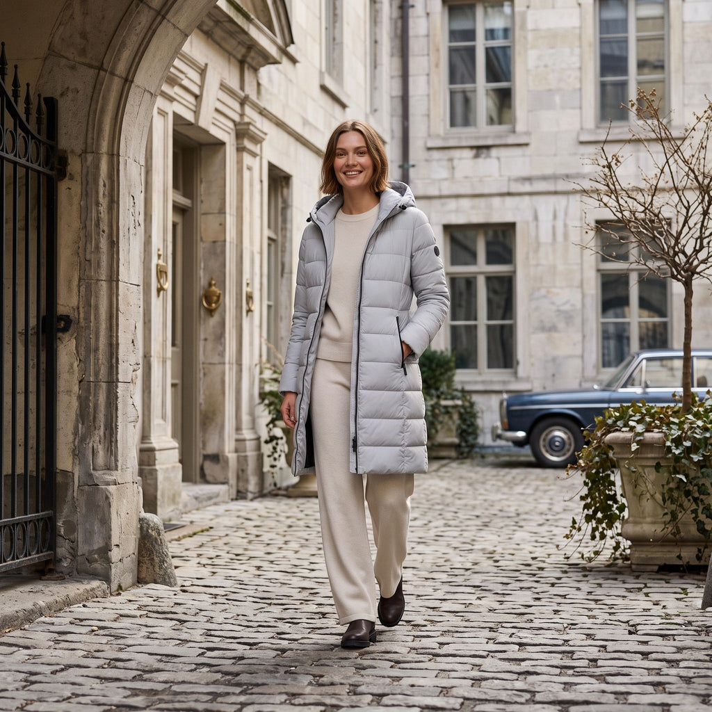 Women's Longline Puffer Jacket with Hood and Zip Front