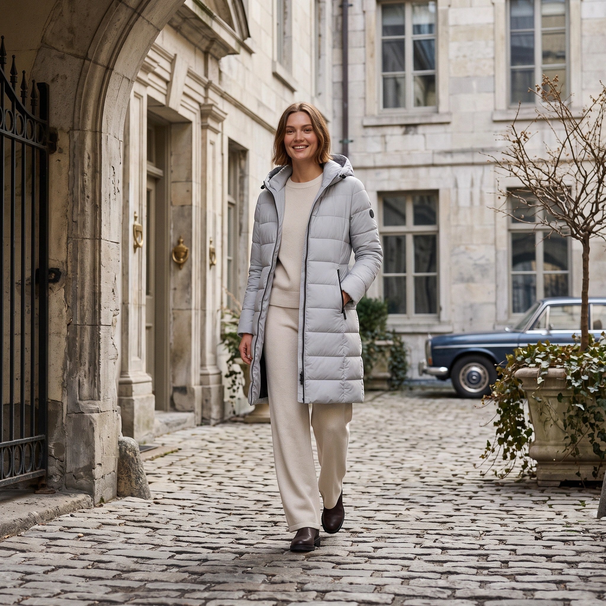 Women's Longline Puffer Jacket with Hood and Zip Front