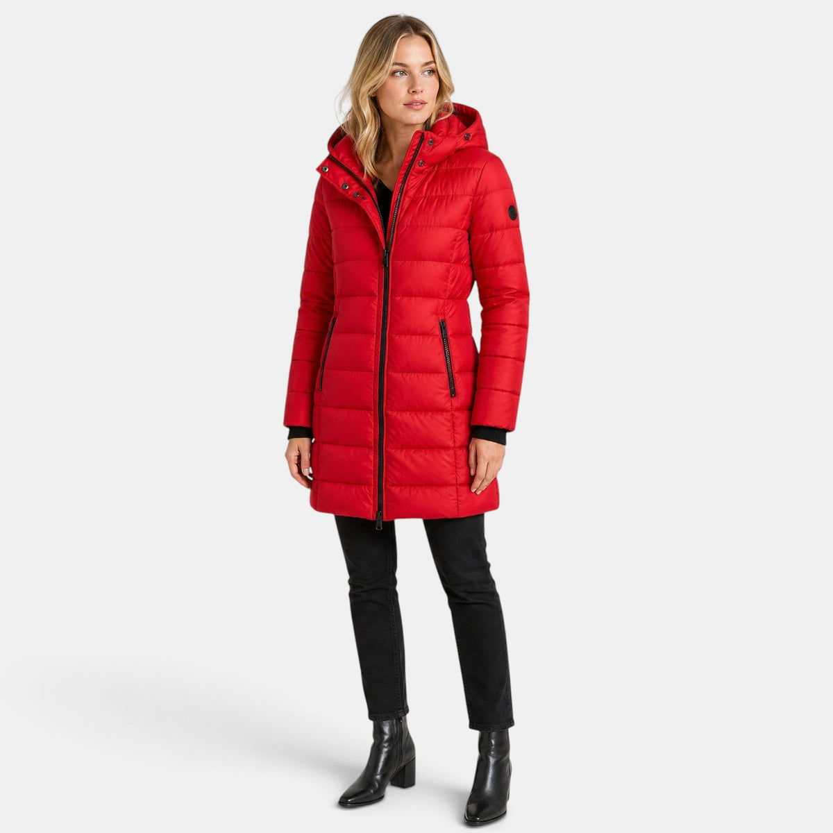 Women's Longline Puffer Jacket with Hood and Zip Front