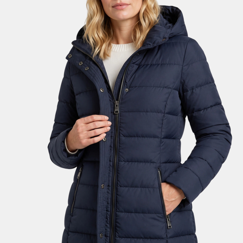 Women's Longline Puffer Jacket with Hood and Zip Front