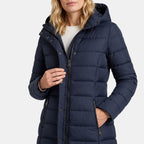 Women's Longline Puffer Jacket with Hood and Zip Front