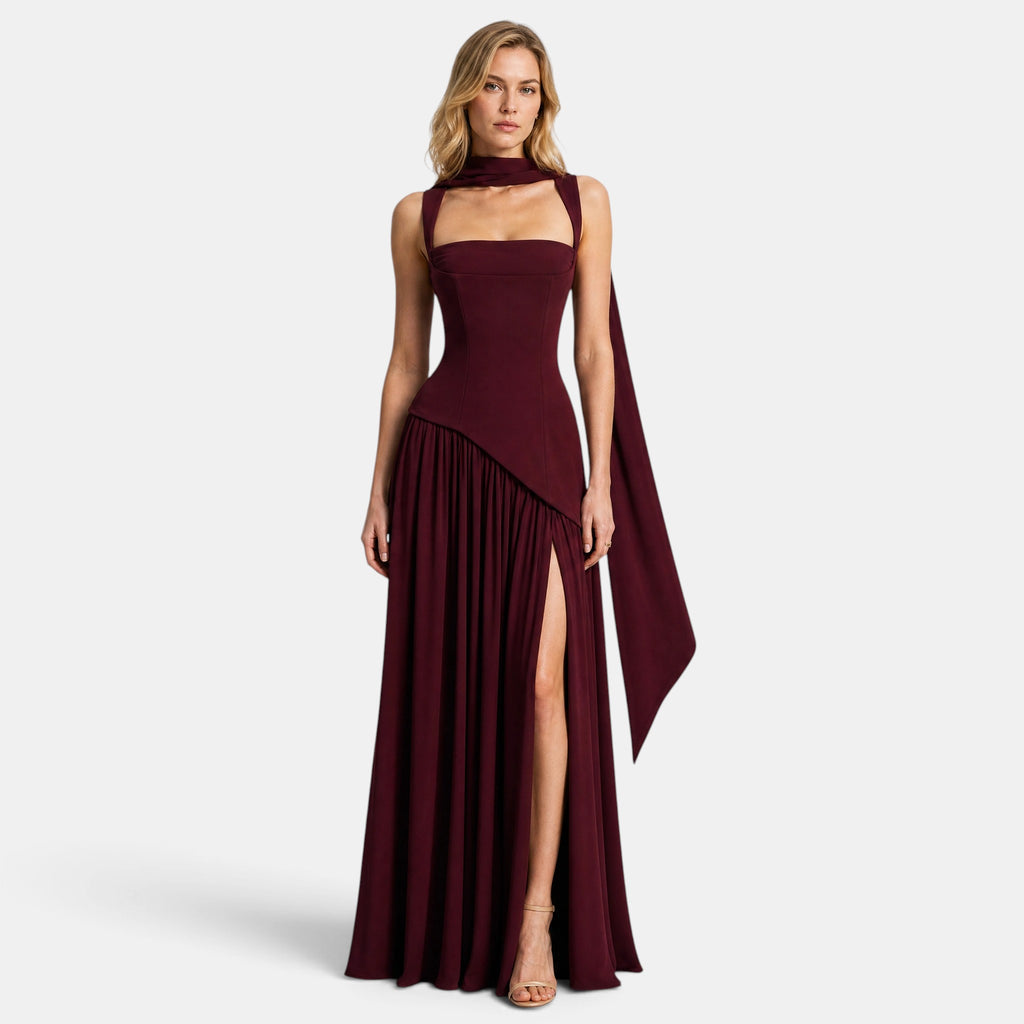 Women's Maxi Dress with Asymmetric Draped Waist and Front Split