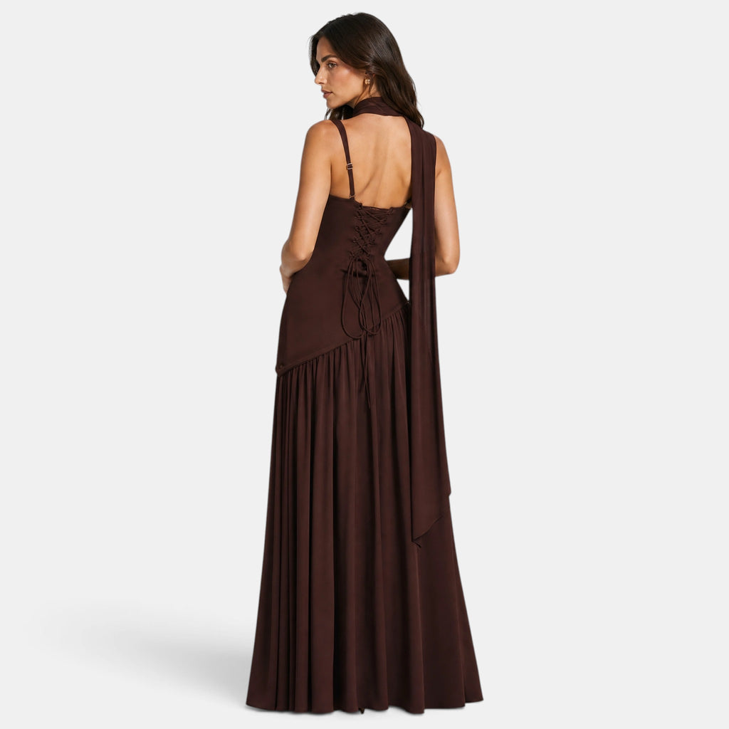 Women's Maxi Dress with Asymmetric Draped Waist and Front Split