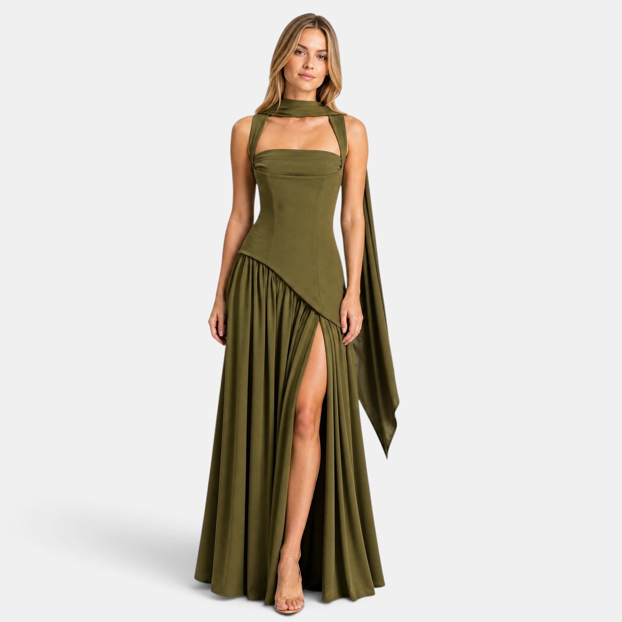 Women's Maxi Dress with Asymmetric Draped Waist and Front Split
