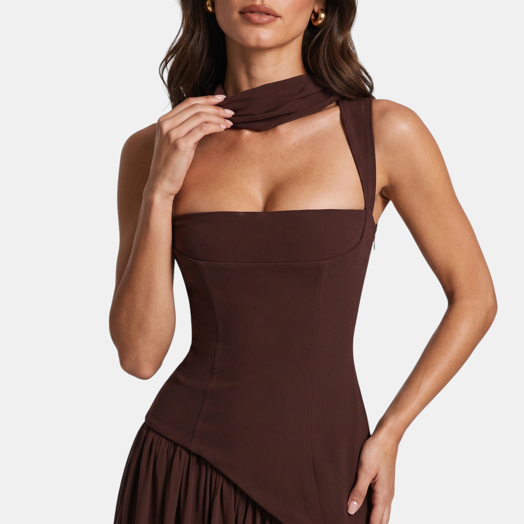 Women's Maxi Dress with Asymmetric Draped Waist and Front Split