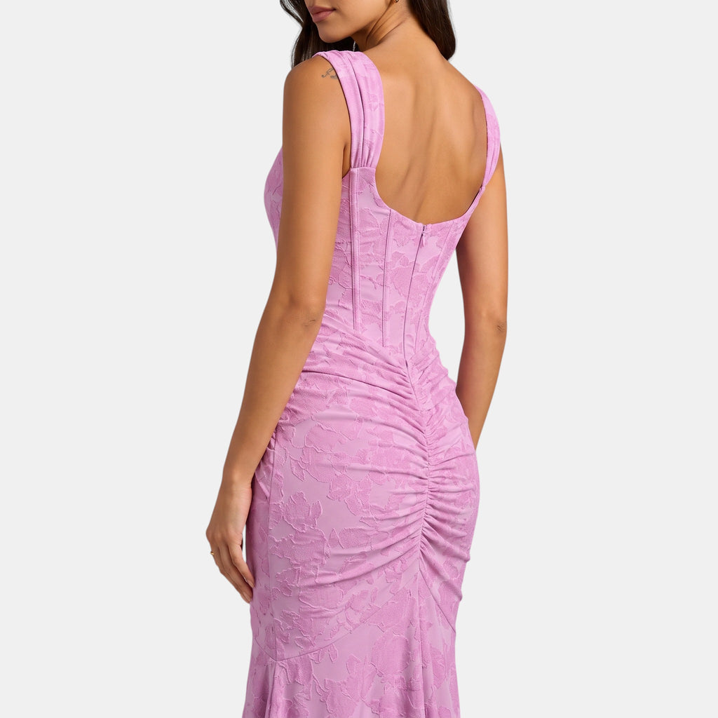 Women's Maxi Dress with Corset Bodice, Ruched Waist and Asymmetric Hem