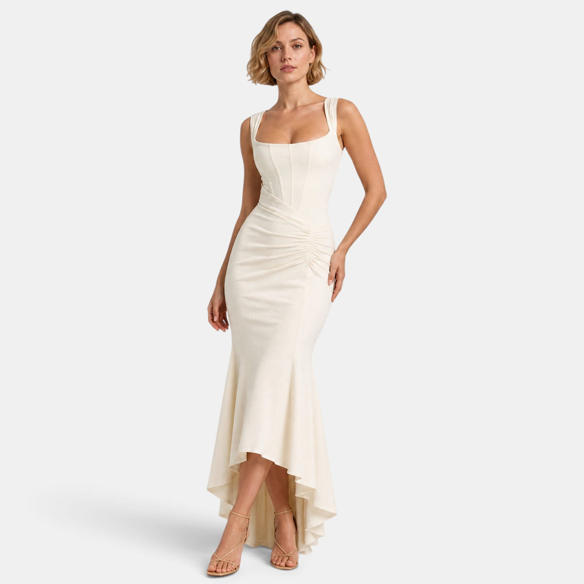 Women's Maxi Dress with Corset Bodice, Ruched Waist and Asymmetric Hem