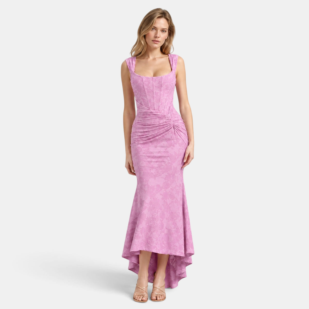 Women's Maxi Dress with Corset Bodice, Ruched Waist and Asymmetric Hem
