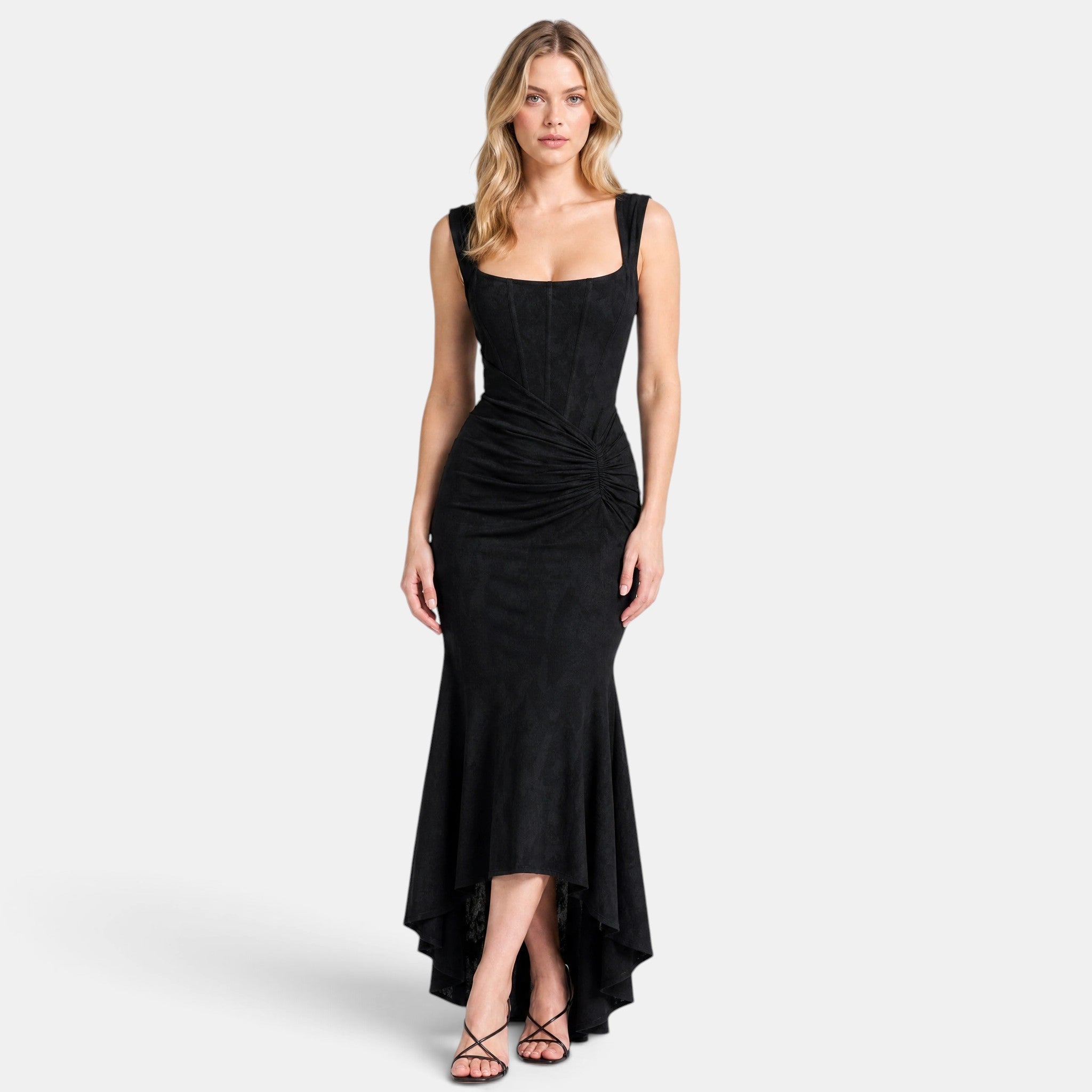 Women's Maxi Dress with Corset Bodice, Ruched Waist and Asymmetric Hem