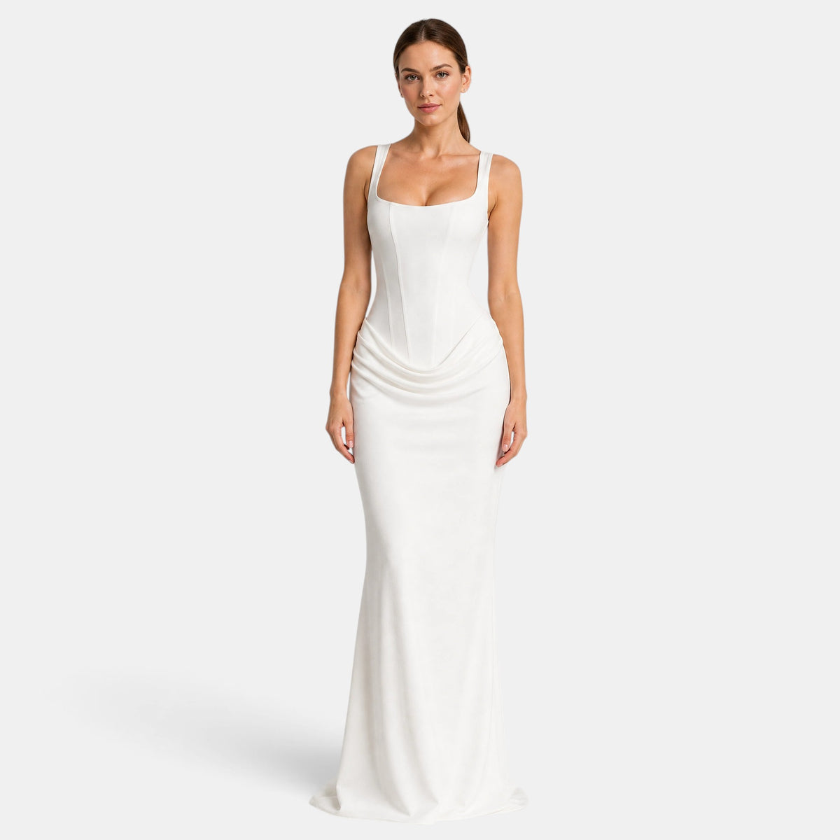 Women's Maxi Dress with Corset Bodice, Square Neckline and Draped Waist