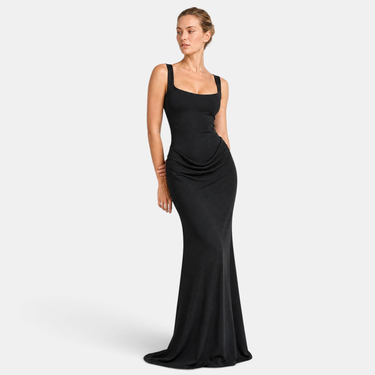Women's Maxi Dress with Corset Bodice, Square Neckline and Draped Waist