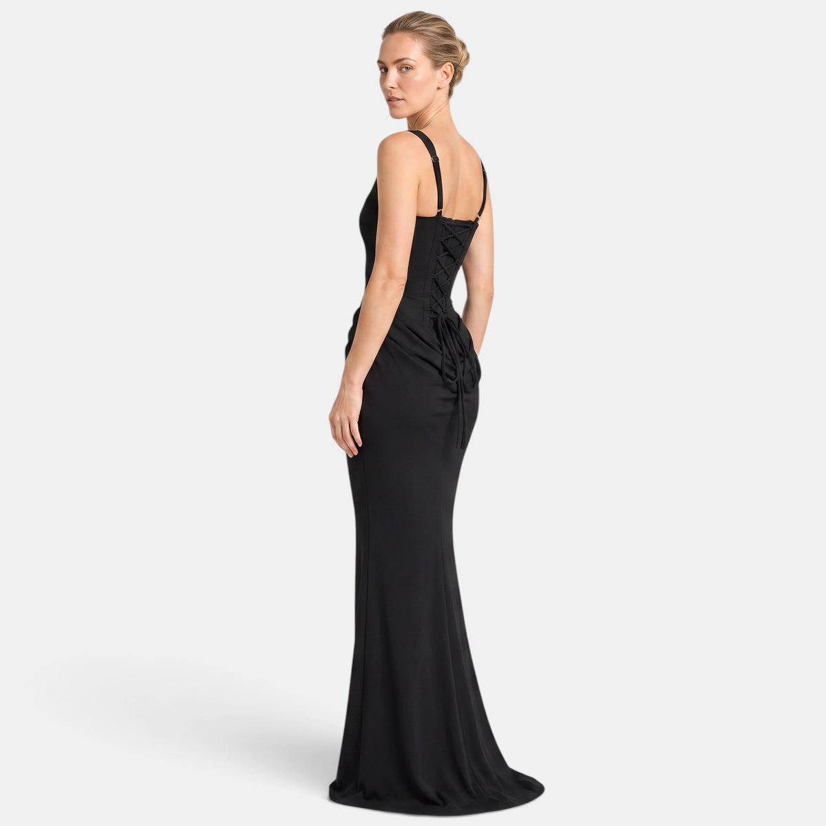 Women's Maxi Dress with Corset Bodice, Square Neckline and Draped Waist