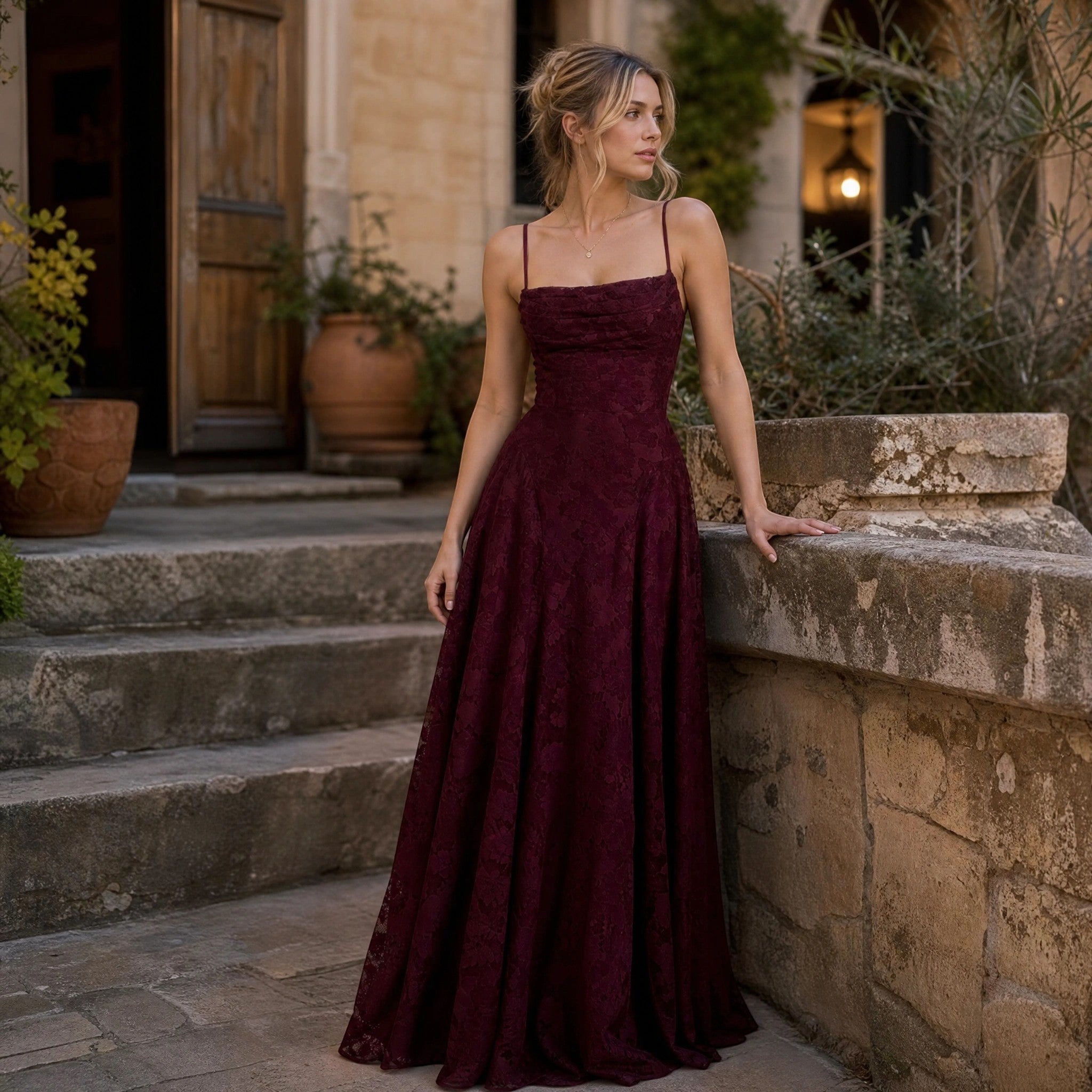 Women's Maxi Dress with Ruched Bodice and Spaghetti Straps