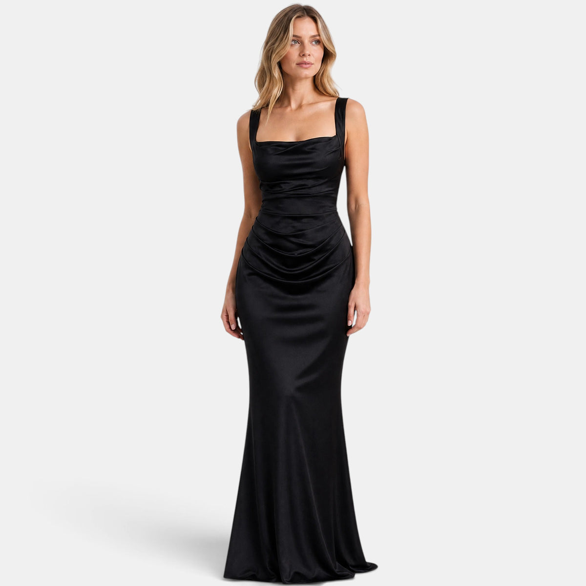 Women's Maxi Dress with Ruched Waist, Draped Front and Spaghetti Straps