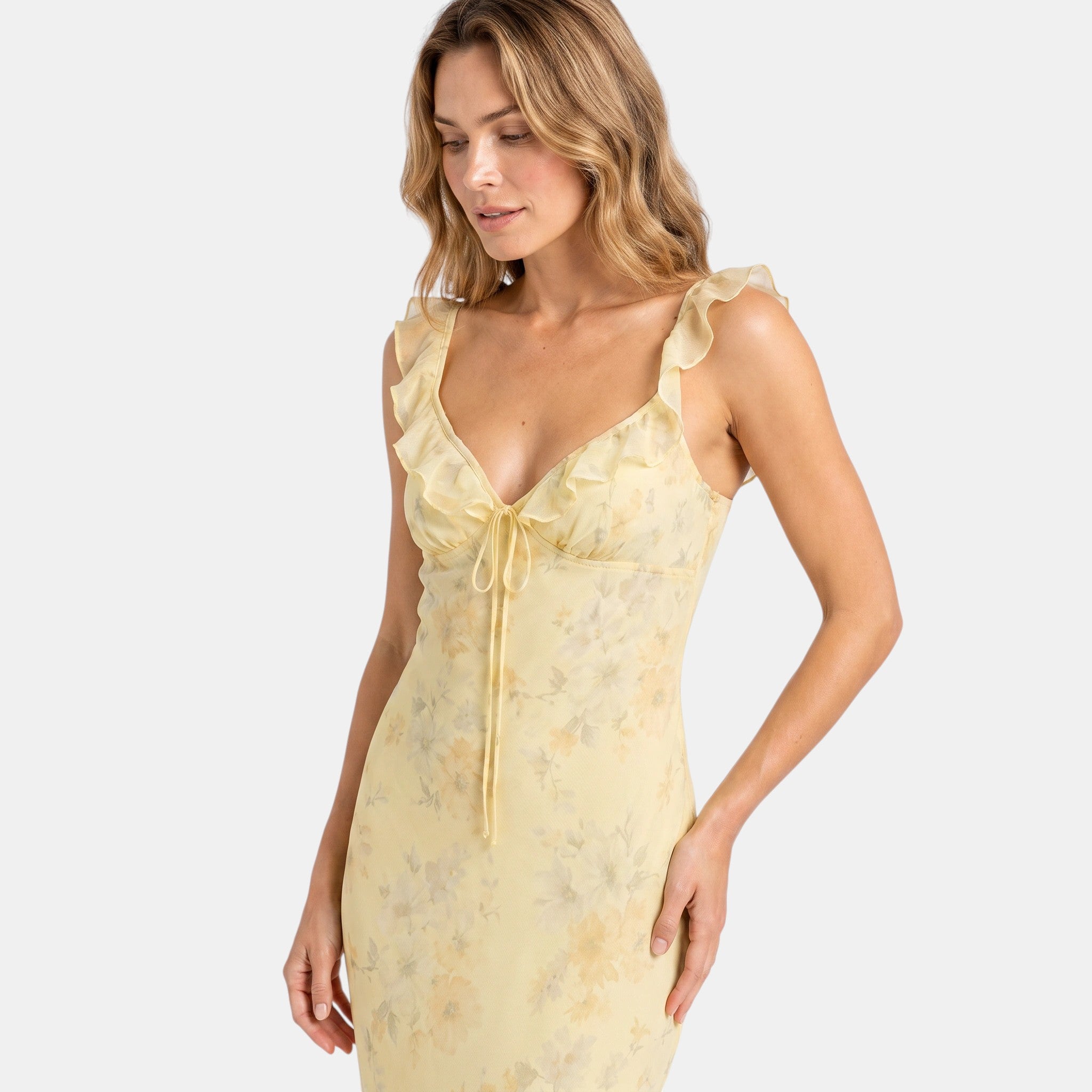 Women's Maxi Dress with Ruffle Straps and Tie Front Detail