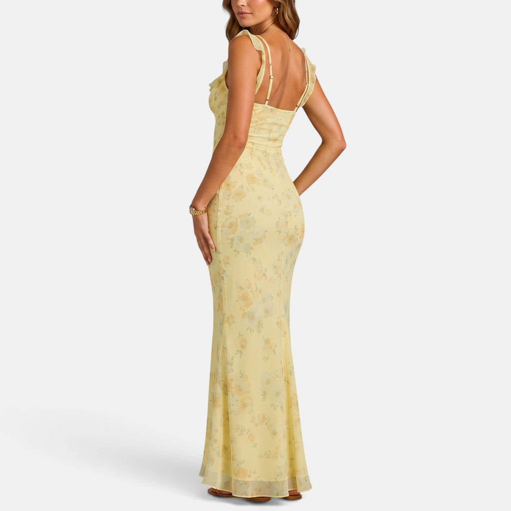 Women's Maxi Dress with Ruffle Straps and Tie Front Detail