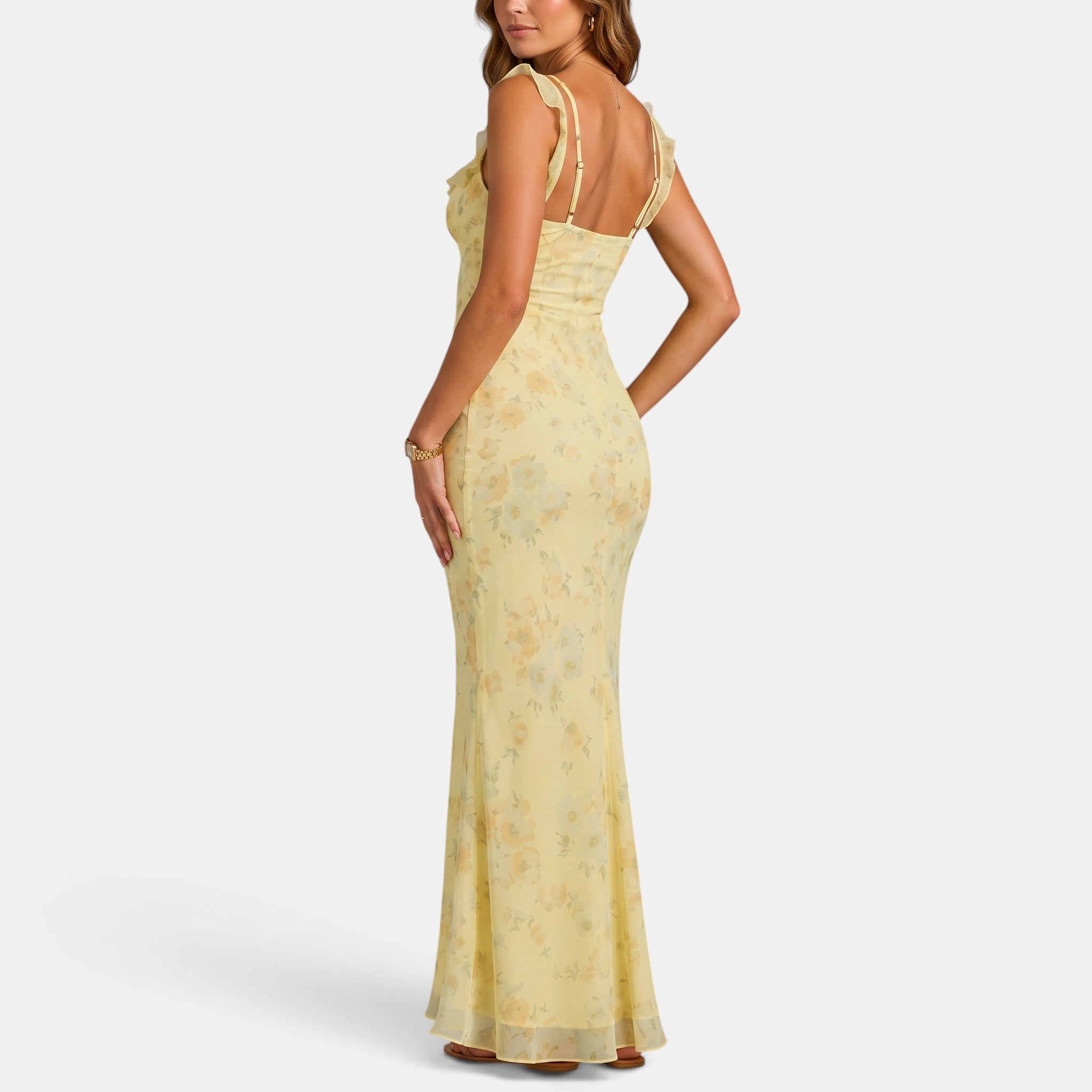 Women's Maxi Dress with Ruffle Straps and Tie Front Detail