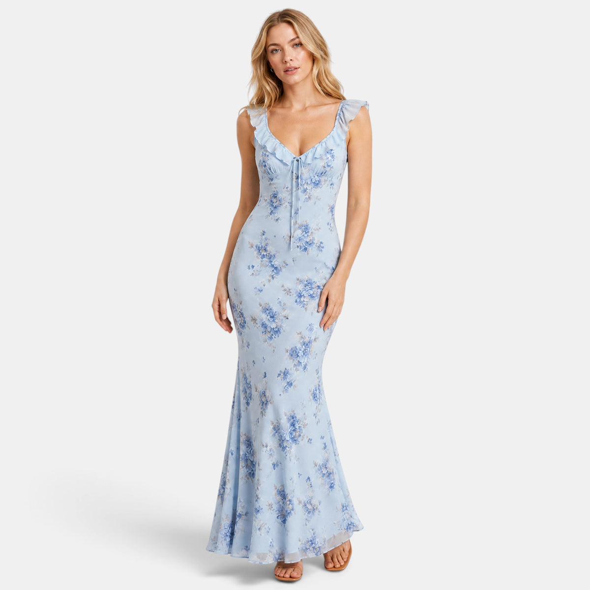 Women's Maxi Dress with Ruffle Straps and Tie Front Detail