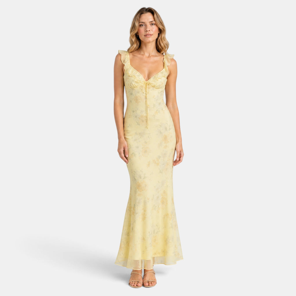 Women's Maxi Dress with Ruffle Straps and Tie Front Detail