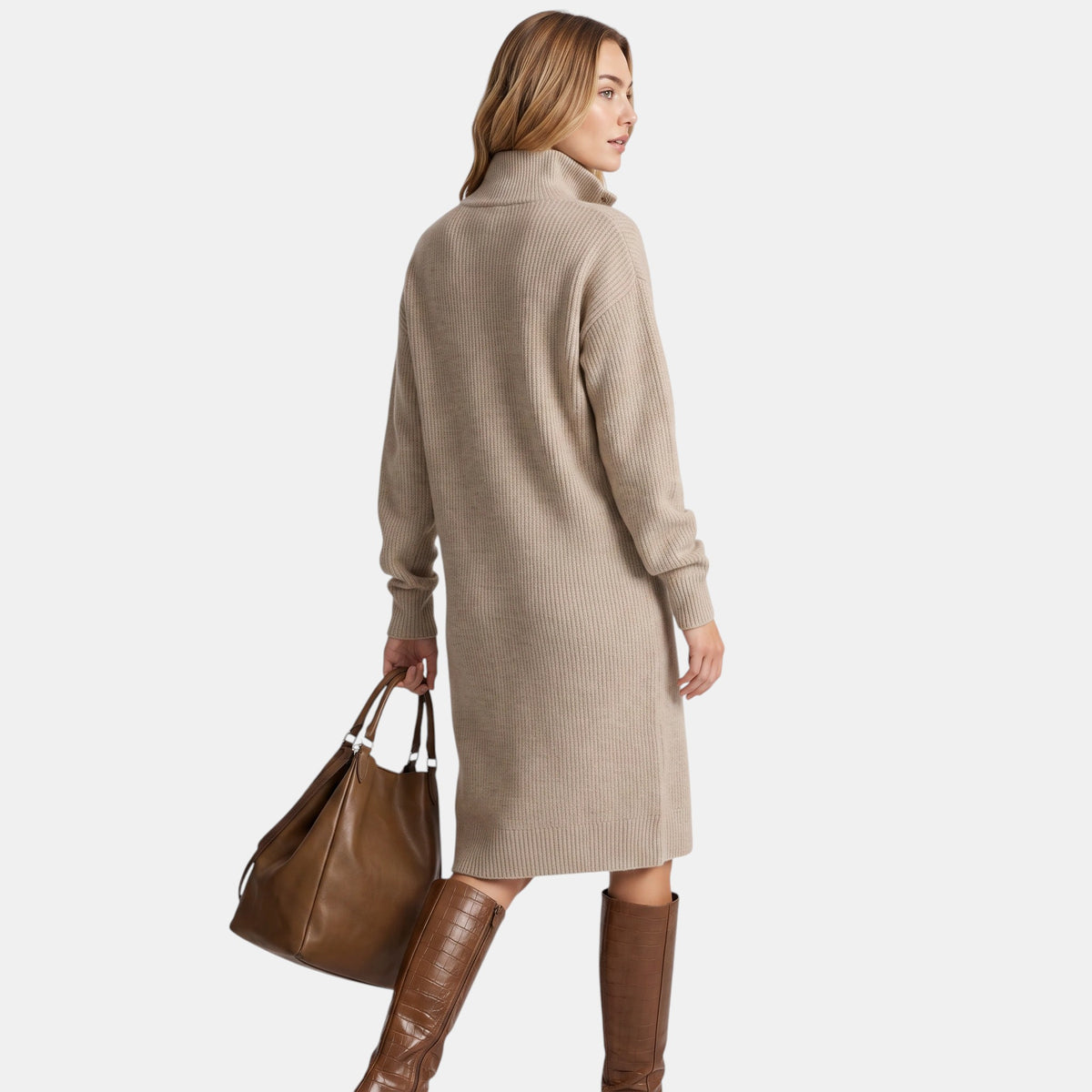 Women's Midi Dress with High Neck Button Placket and Long Sleeves