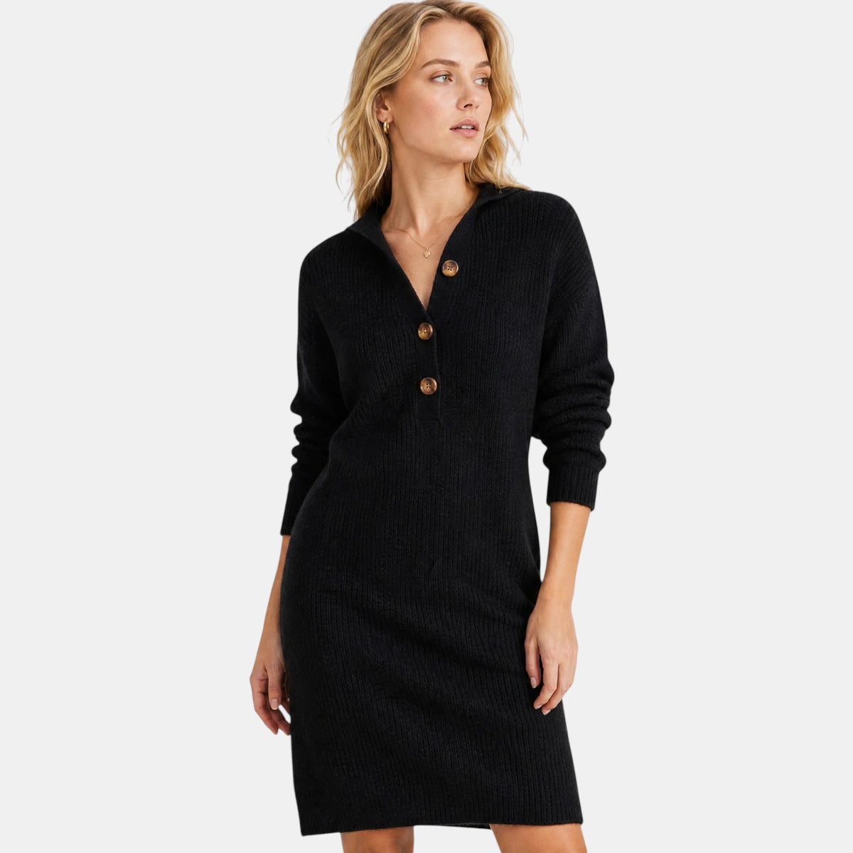 Women's Midi Dress with High Neck Button Placket and Long Sleeves
