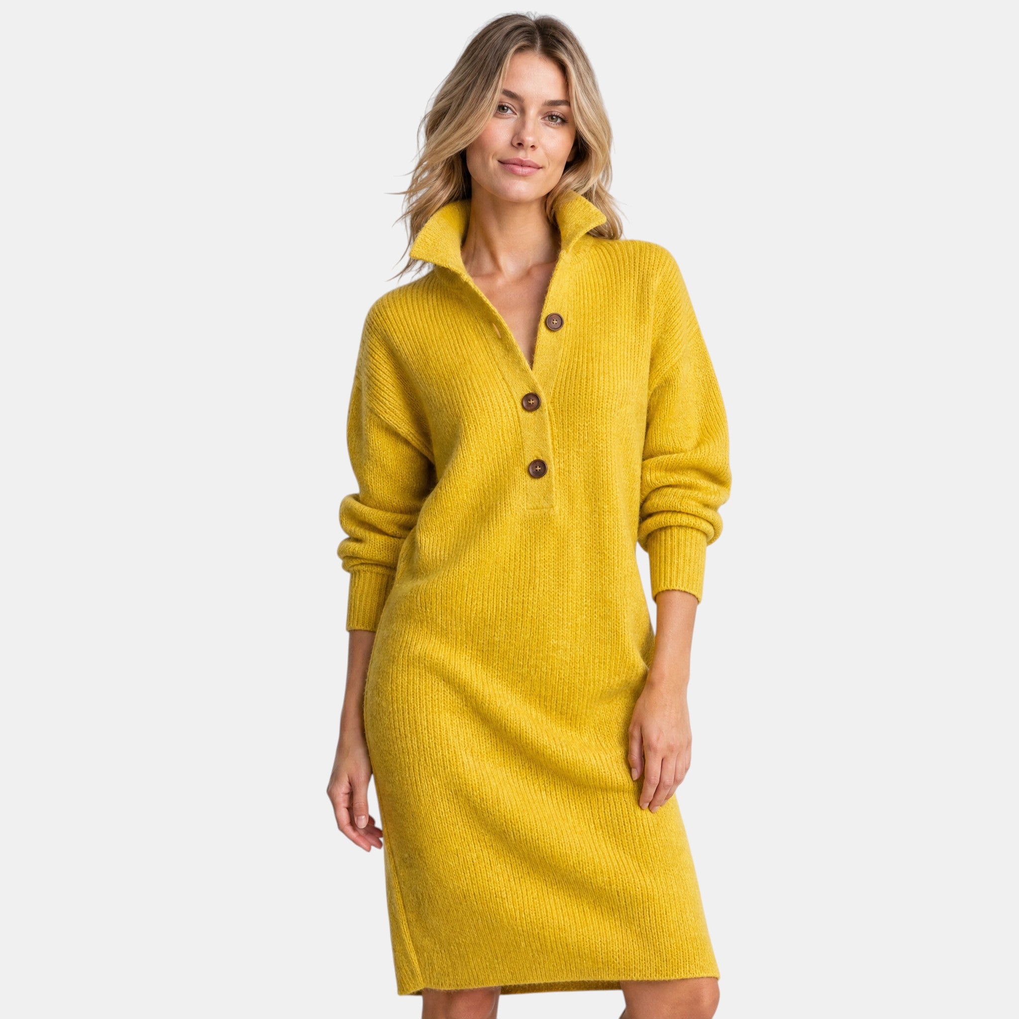 Women's Midi Dress with High Neck Button Placket and Long Sleeves