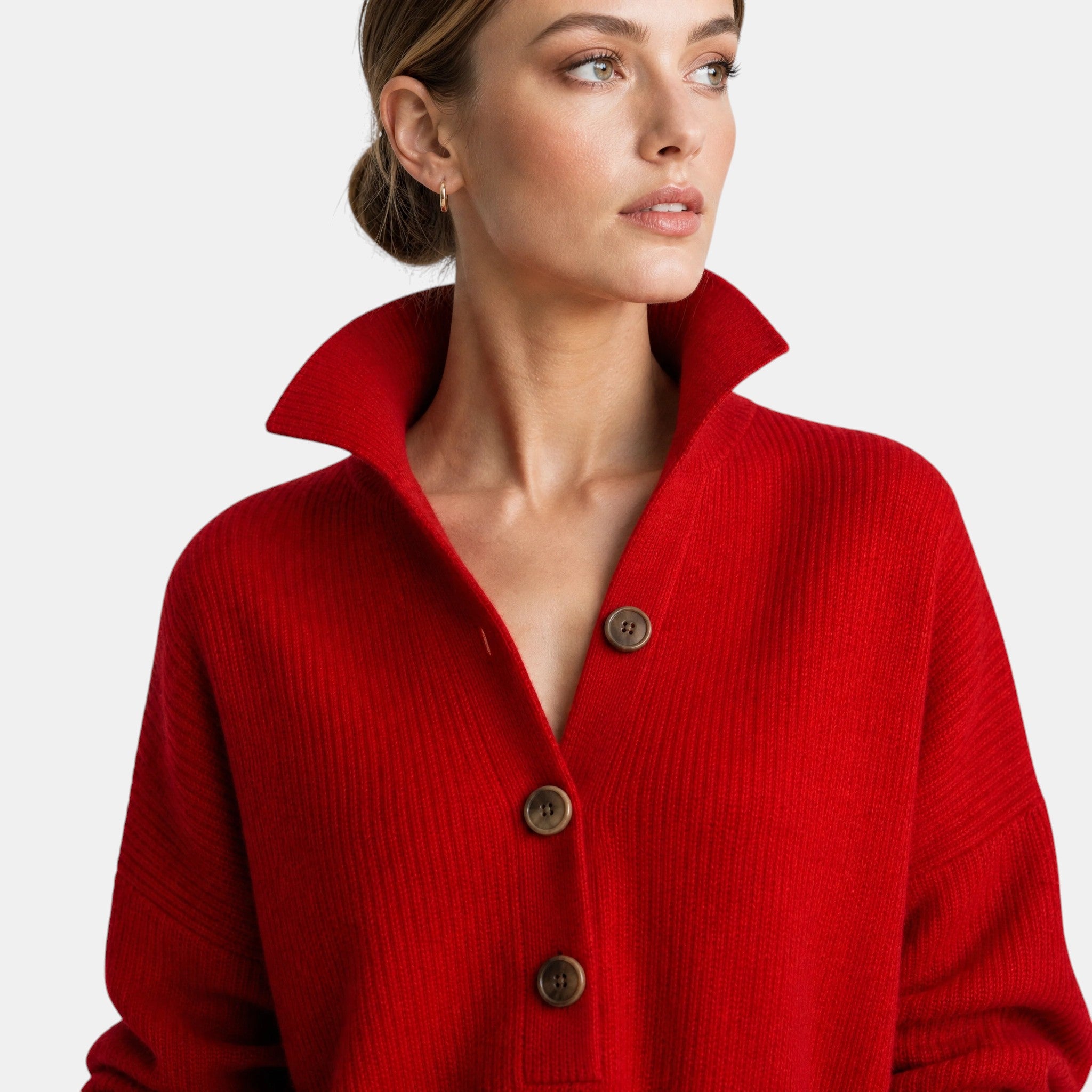 Women's Midi Dress with High Neck Button Placket and Long Sleeves
