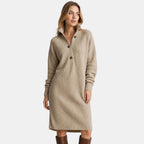 Women's Midi Dress with High Neck Button Placket and Long Sleeves
