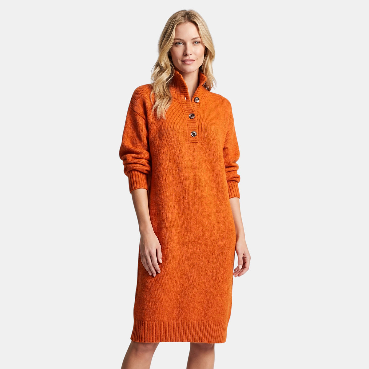 Women's Midi Dress with High Neck Button Placket and Long Sleeves